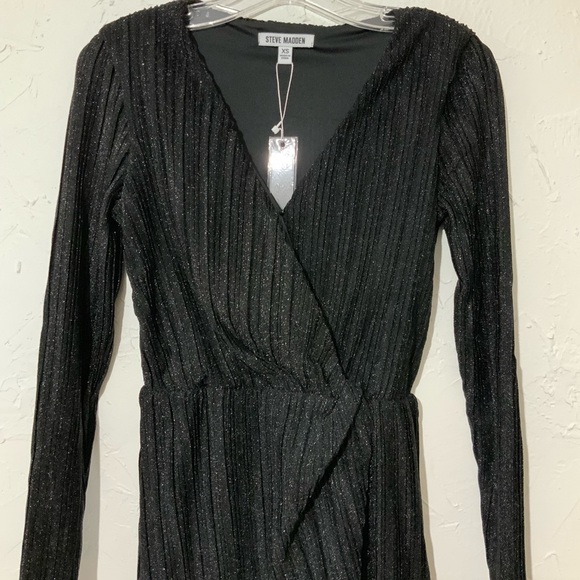 Steve Madden Elegant Crinkle Metallic Long Sleeve Black Dress Sz XS - Picture 8 of 13